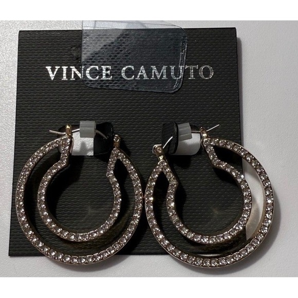 Vince Camuto Gold Tone Pave Crystal Double Hoop Earrings Click Top Closure - Picture 3 of 4